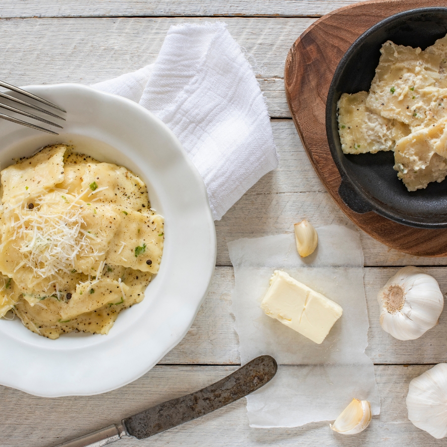 brown butter sauce on ravioli